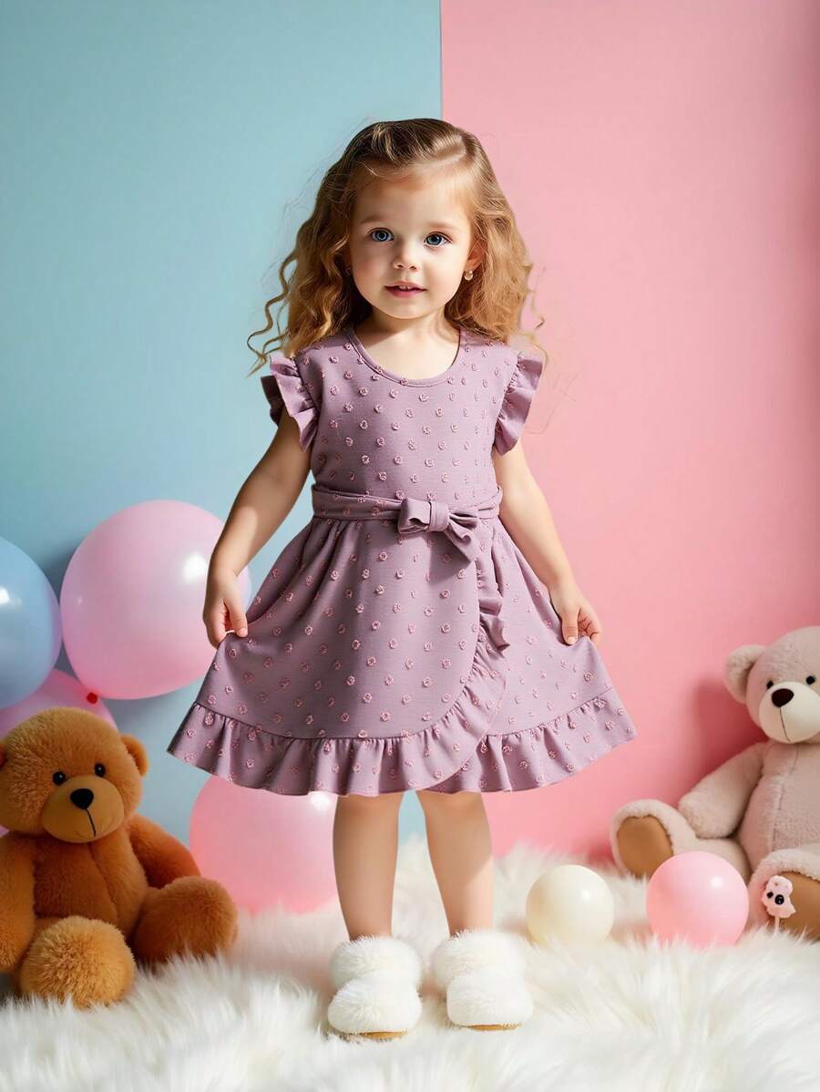 Outfit coordinato mamma-figlia: Abito estivo in jacquard tessuto a trama con maniche corte, per bambina e ragazze, abito casual con vita arricciata e colore tinta unita dolce e adorabile, design alla moda per bambine