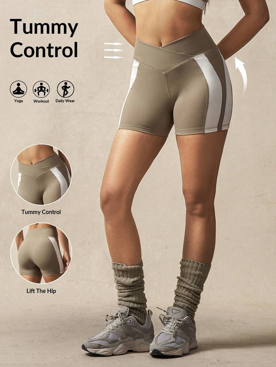 VARSITIE Bequeme kurze hochgeschnittene Yoga-Shorts mit V-Ausschnitt und gekreuzter Taillenbandage