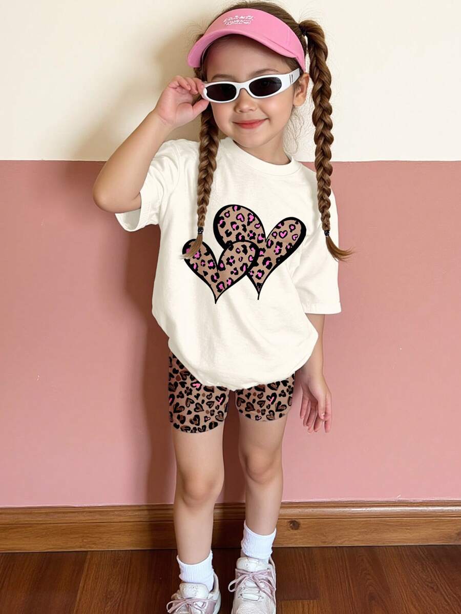 SHEIN 2pcs/Set Young Girls Casual Loose Fit Heart & Leopard Print Short Sleeve T-Shirt And Shorts Outfit Set, Summer