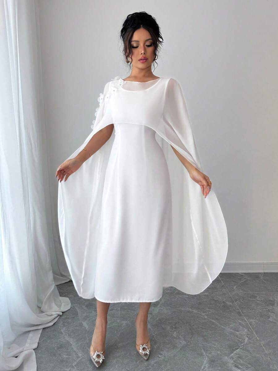 Calvaya Elegant Solid Color 3D Floral Decor Shawl Dress