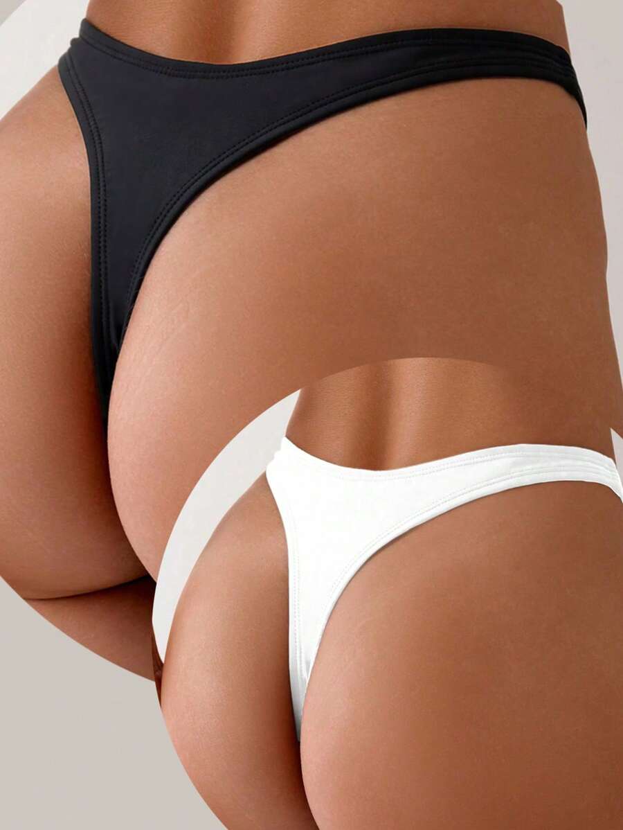 Swim Basics 2pcs/Set Women's Solid Black And White Sexy Slim-Fit Bikini Swimsuit Bottom