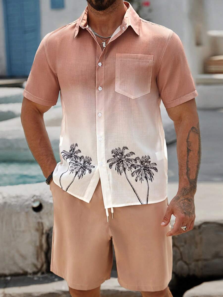Manfinity RSRT Set di camicia a maniche corte e pantaloncini casual da uomo con stampa di palme, adatto per vacanze