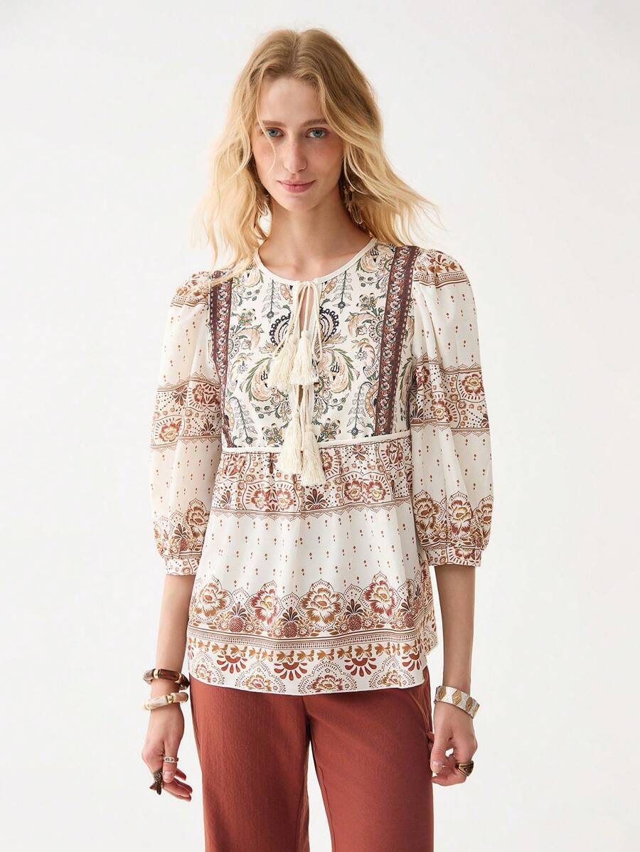 Florisole Women's Bohemian V-Neck Fringe Linen Blend 3/4 Sleeve Printed Blouse, Spring/Summer