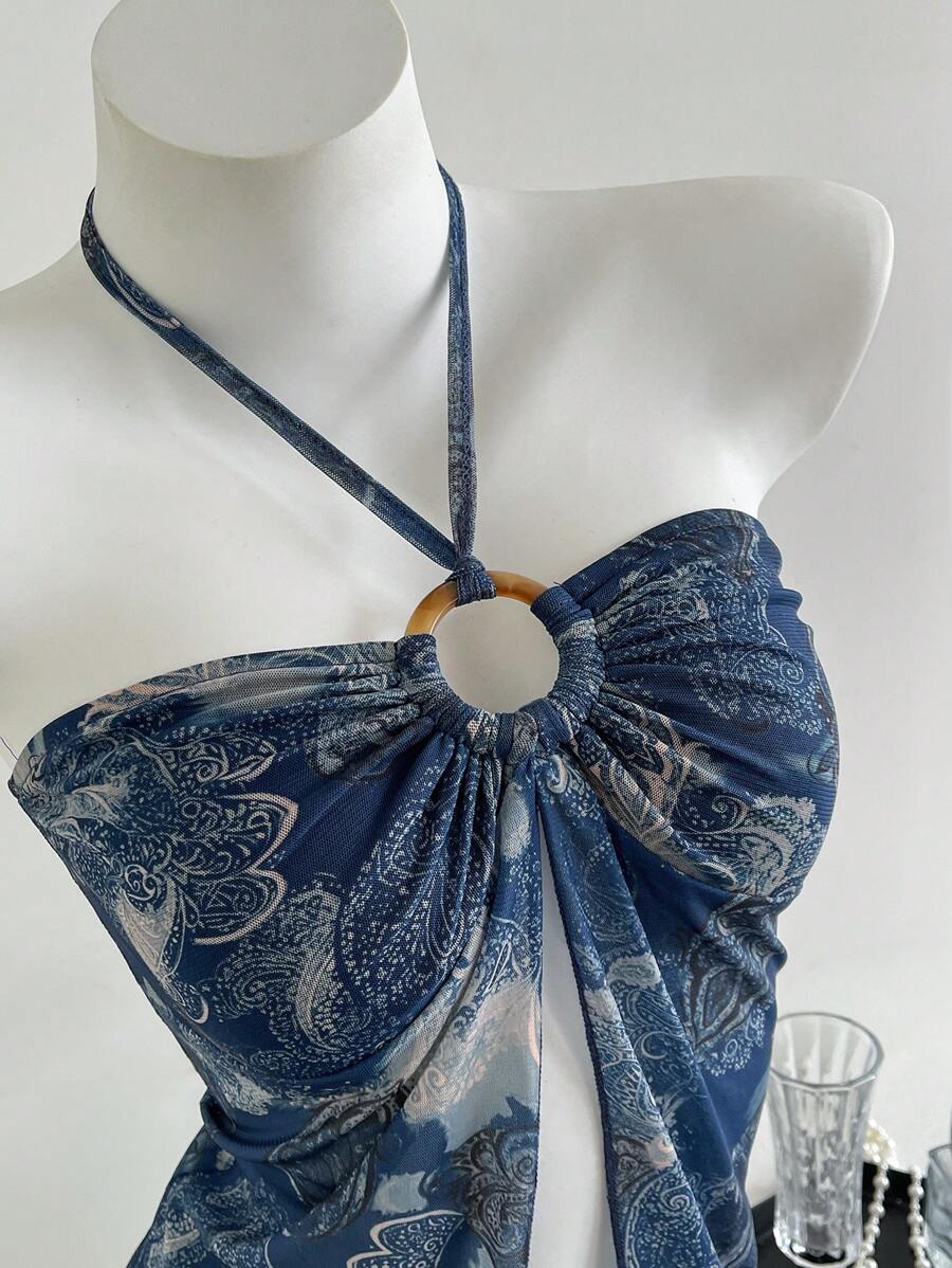 Elamini Women's Casual Blue Cashew Floral Print Halter Neck Camisole For Spring/Summer