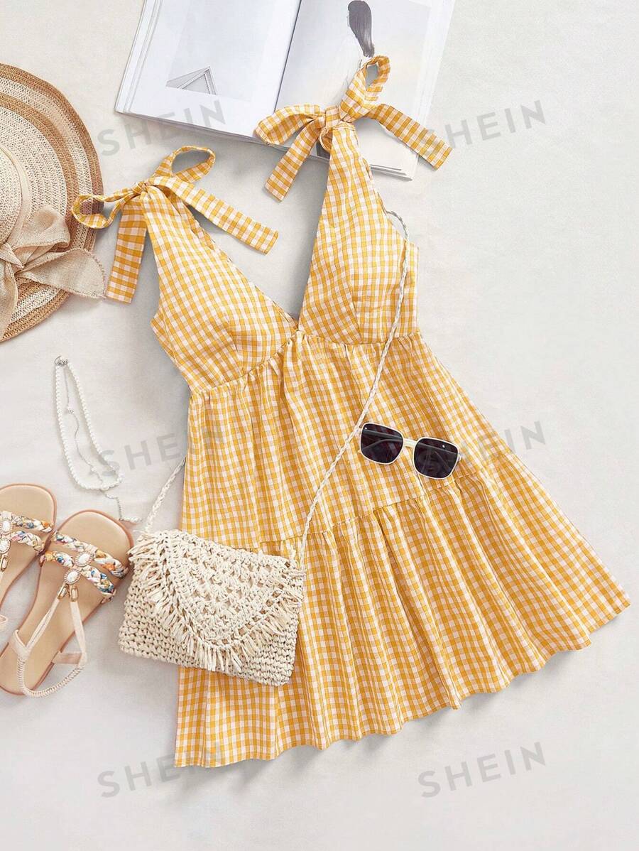 Comfortcana Vestido mini de mujer con volantes, lazo y estampado de cuadros