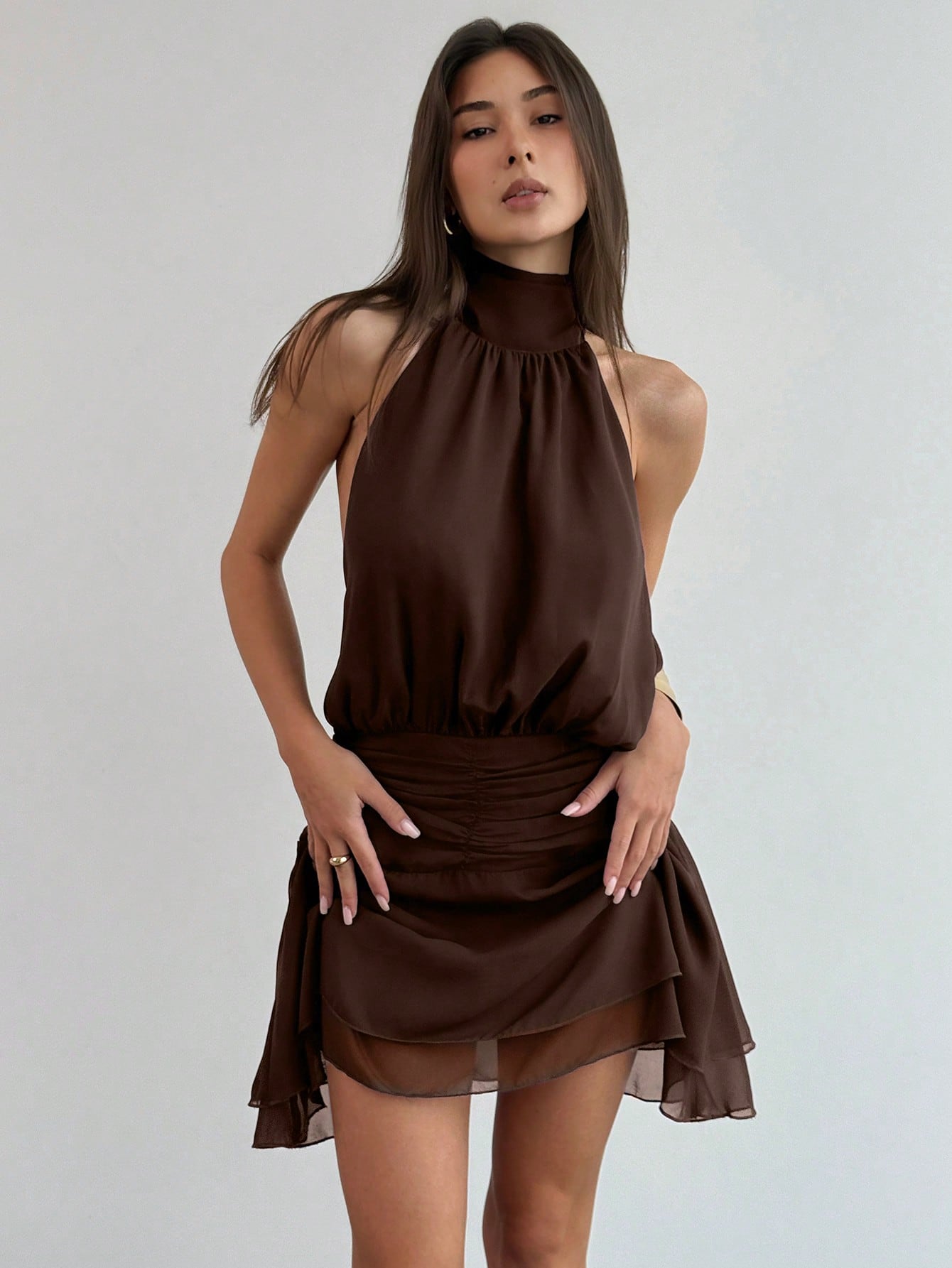 Aloruh New Sexy Open Back Halter Tie Ruffle Trim Sleeveless Halterneck Mini Sweet Cake Dress, Spring & Summer