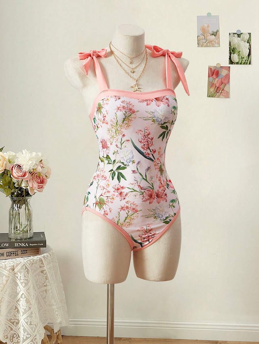 SHEIN MOD Costume da bagno a una pieza casual da donna con stampa floreale a maglia, con spalline e dettagli con nodo