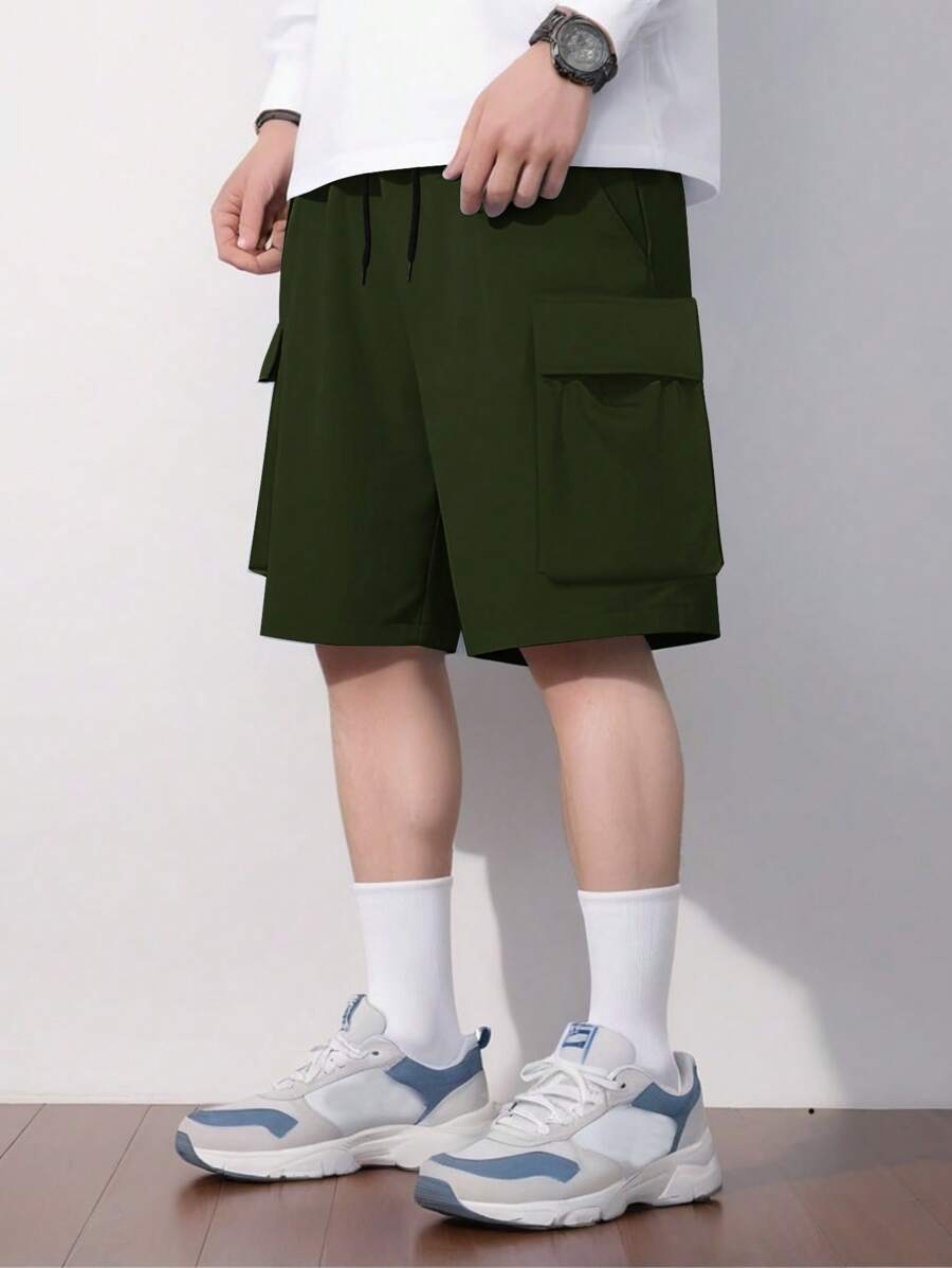 Manfinity Hypemode Men's Plus Size Solid Color Cargo Shorts Going Out Plain Casual Plain Black Cargo Shorts, For Husband, Boyfriend Gifts Men Shorts Cargomen Cargo Shortscargo Shorts For Men