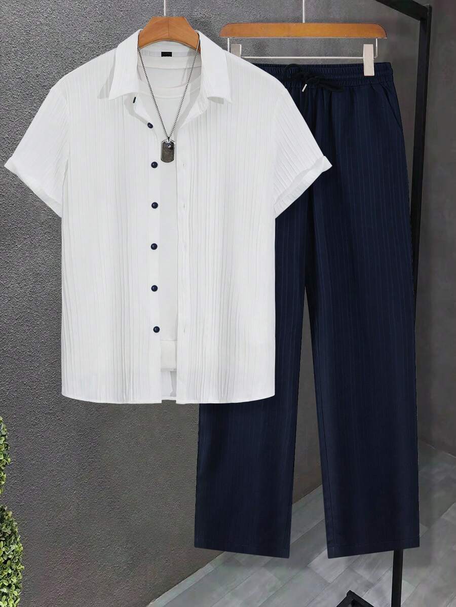 Manfinity Homme Men's Solid Color Short Sleeve Single-Breasted Shirt And Casual Shorts Set