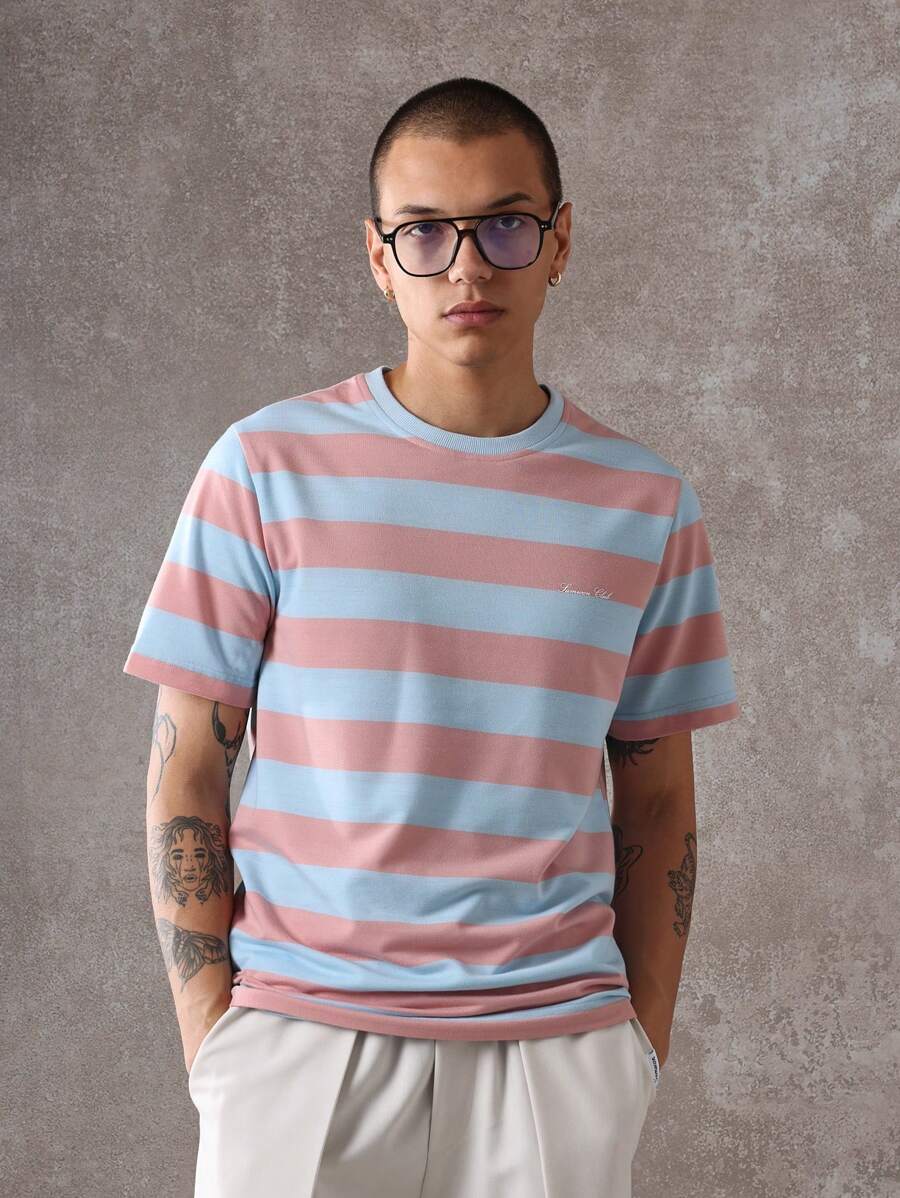 SUMWON Camiseta de rayas de puesta de sol de verano, camiseta básica de manga corta y cuello redondo, esencial casual, streetwear retro de colores pastel para la playa y el descanso