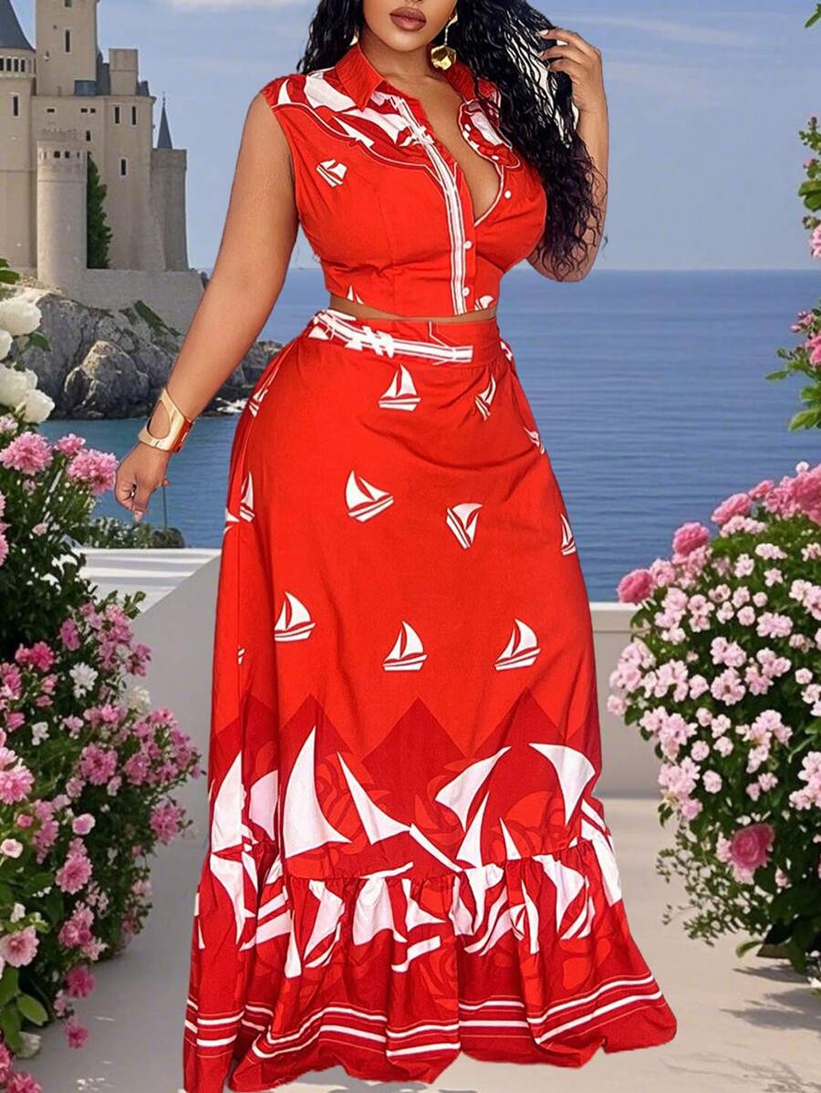Slaydiva Slayr Plus Size Holiday & Elegant & Sexy Koszula kołnierzyk Bez rękawów Dopasowana góra i Spódnica Bodycon Spódnica Wiosenna/Lato
