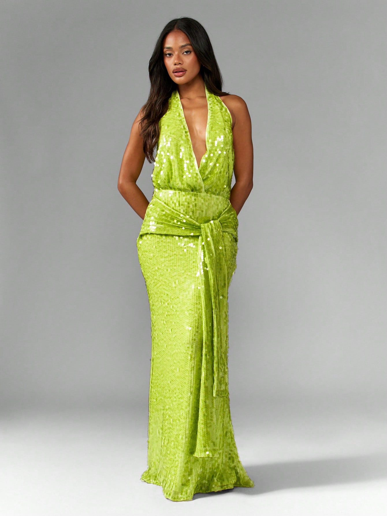 MISSGUIDED Sequin Halter Backless Plunge Maxi Dress Christmas