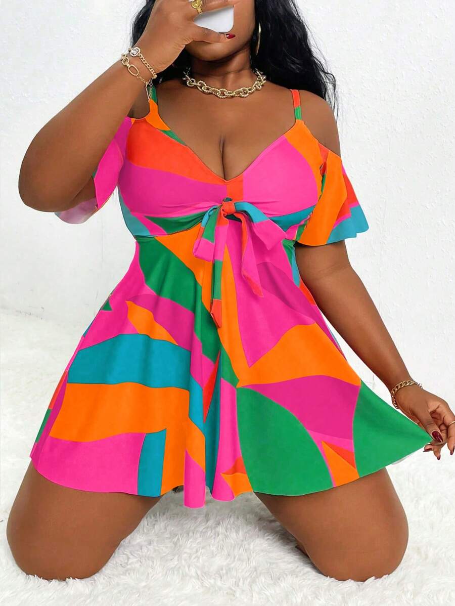 Slaydiva Set di costumi da bagno estivi per donne taglie forti, con spalline a nastro, spalle scoperte, arricciature e pantaloni a vita alta