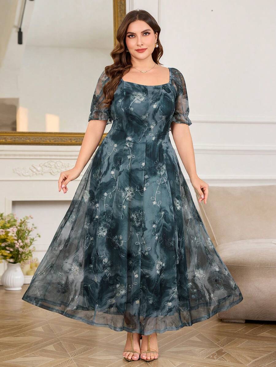 Modelyn Women's Square Collar Bubble Princess Short Sleeve Waist Cinched A-Line Dress, Plus Size Mesh Panel, Embroidered, Tie-Dye Tie Dye, Slimming, Elegant & Romantic Fashion Plus Size