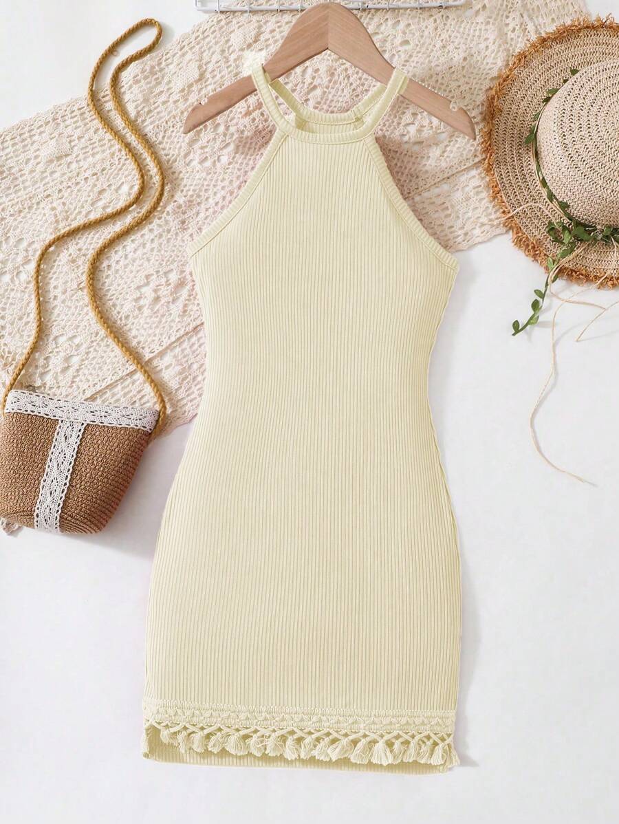 Tween Girls' Solid Color Halter Fringe Hem Dress