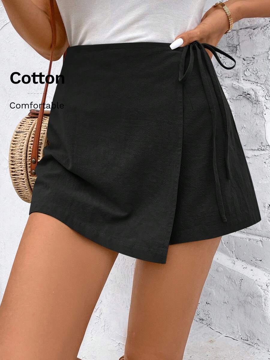 SHEIN Frenchy Solid Knot Side Wrap Bow Tie Wrap Mini Skort
