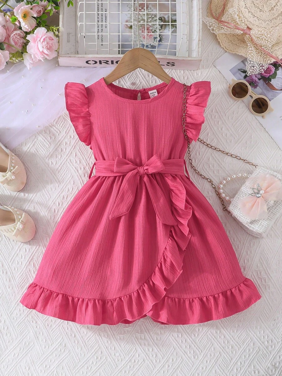 SHEIN Vestido casual cómodo con volantes y cinturón a la cintura para niña, verano