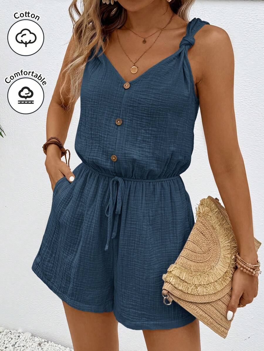 SHEIN Frenchy Women Texture Button Decor Elastic Waistband Summer Simple Casual Jumpsuit Shorts Women Rompers Shorts Women Linen Jumpsuit Comfy Jumpsuit