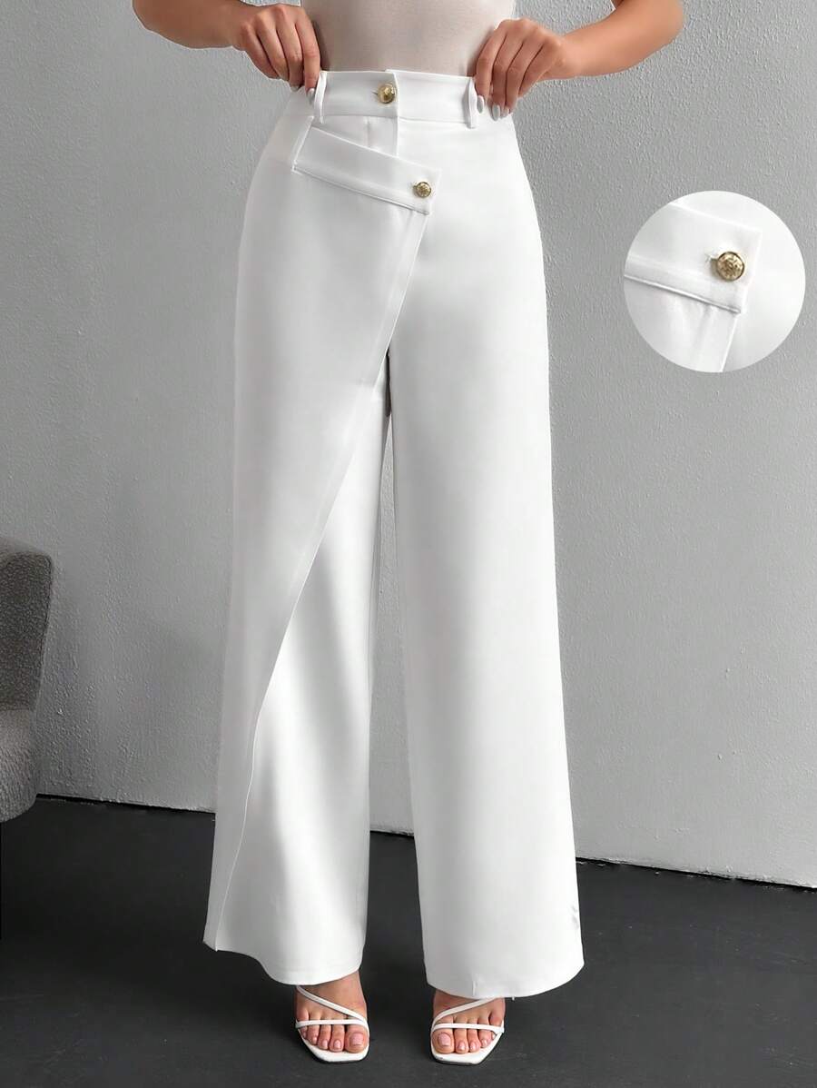 SHEIN Pantaloni larghi asimmetrici da donna, doppio strato, vita alta, pantaloni casual e da donna d'