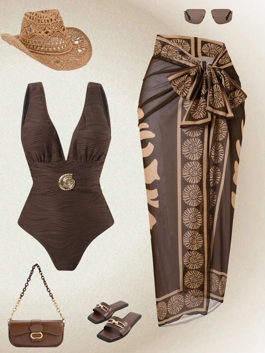 Swim Oasis Nouveau Maillot de bain une pièce pour femmes en jacquard unicolore à col en V avec robe de plage en maille imprimée. Ensemble de maillot de bain d'été décontracté pour vacances