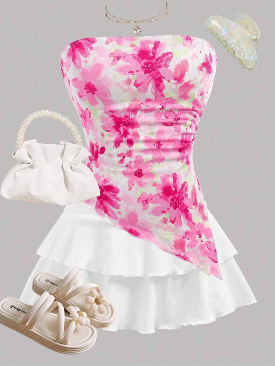 Girlism Tween Girls 2pcs/Set Floral Print Ruched Asymmetrical Hem Tube Top & White Layered Cute Skirt Outfit