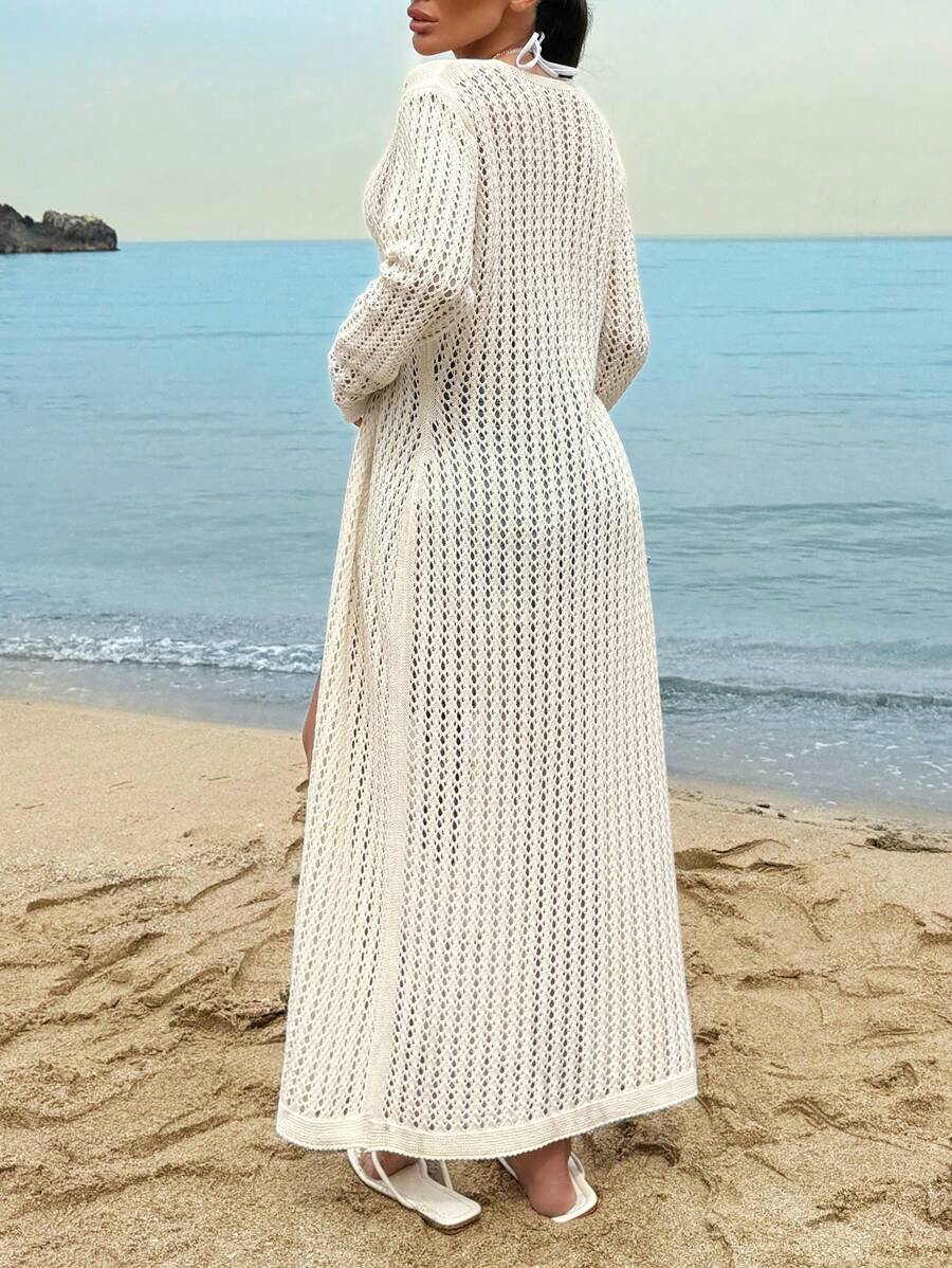 SHEIN Cubrecuerpo/chaqueta larga de mujer de unicolor con botones frontales y abertura calada