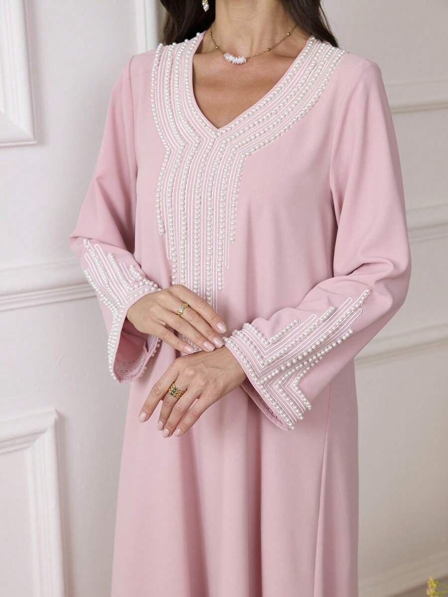 Al Najma Vestaglia lunga da donna ampia con ricami e perline, per festival, kaftan modesto