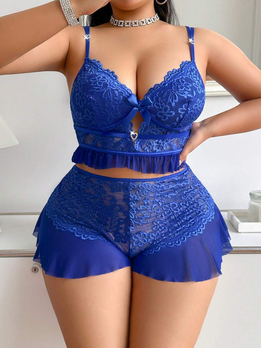 SHEIN Conjunto de pijama de mujer con cuello en V profundo, parches de encaje, hebilla de cristal y diseño cruzado