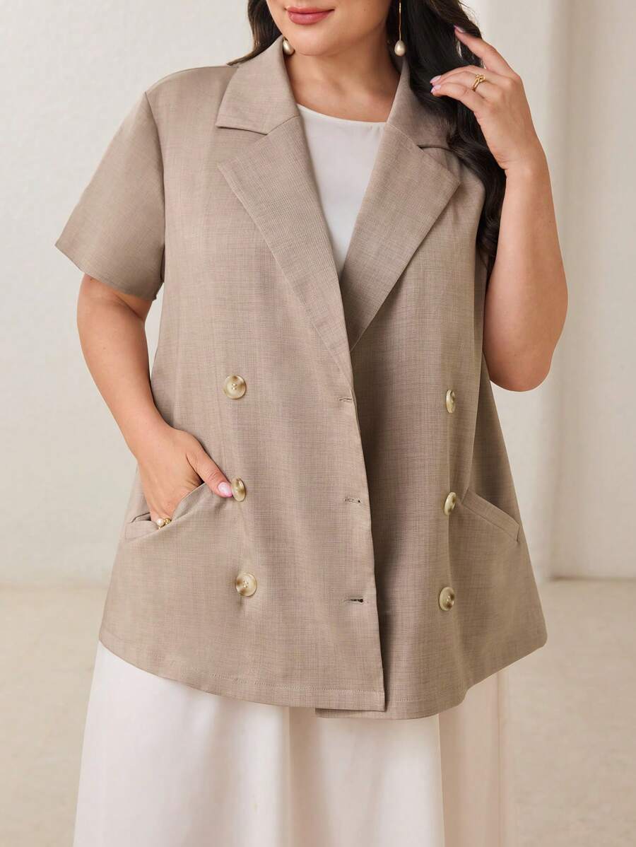 Mulvari Blazer court minimaliste à double boutonnage et manches courtes fin, tailles grandes pour l'été
