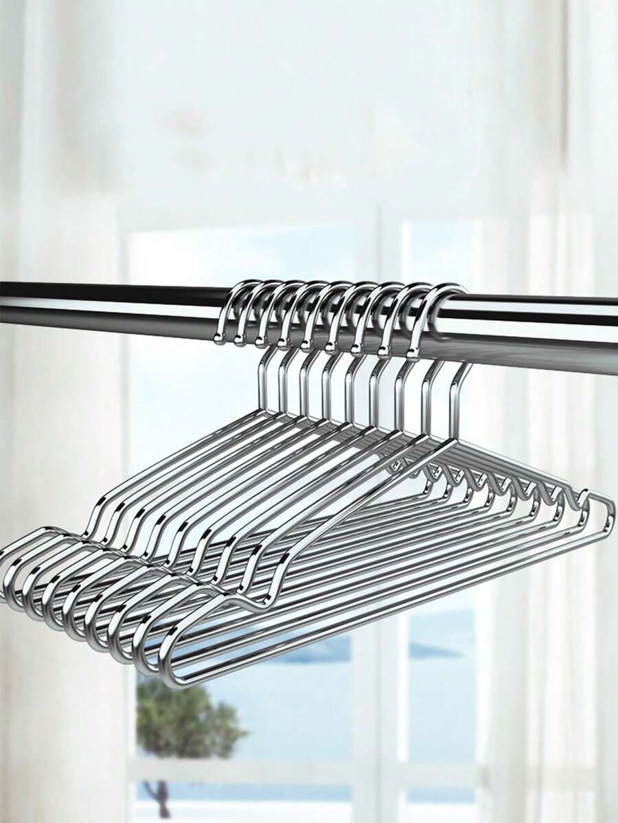 SHEIN 5pcs/10pcs Stainless Steel Hangers Reinforced Stainless Steel Hangers, Ultra-Thin Space Saving Hangers, Thin And Stylish Silver Hangers