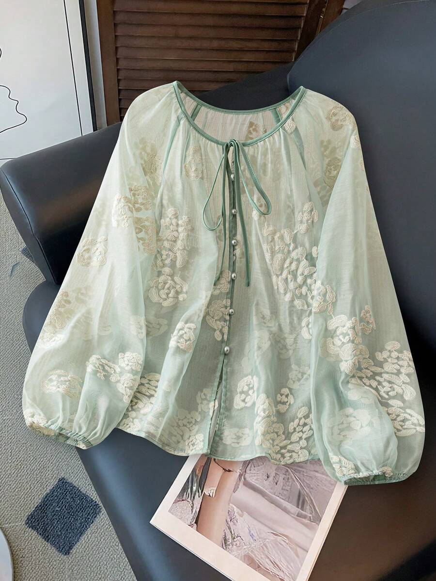 SHEIN Women's Knotted Collar Floral Jacquard Mesh Lantern Sleeve Blouse
