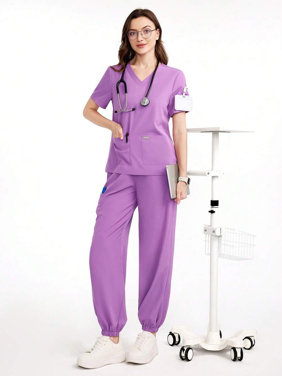 Scrubzie Conjunto Uniforme de Scrub Cor Sólida com Top de Manga Curta e Calça