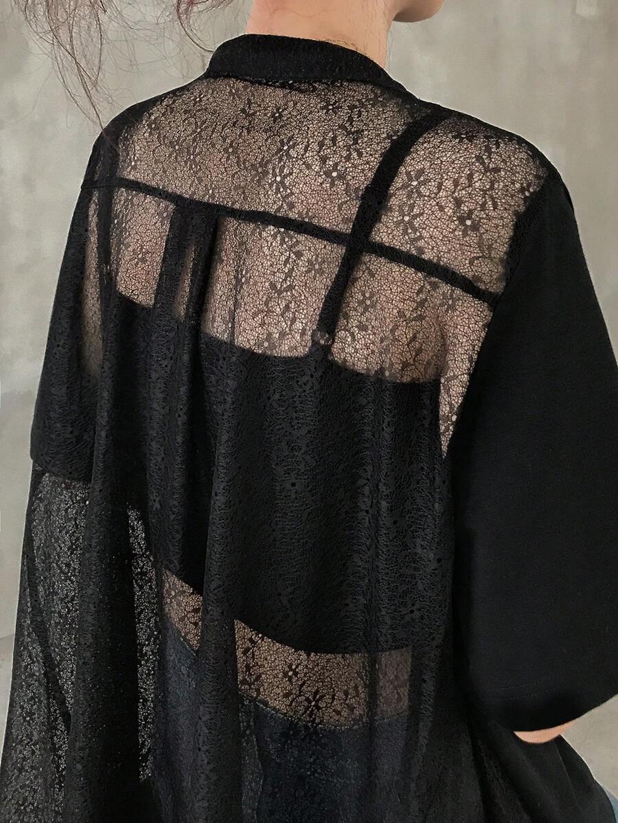 FRIFUL Femmes Chemise d'été décontractée avec col rond, en patchwork de dentelle, coupe ample et dos ouvert