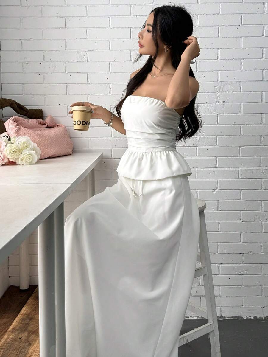 SHEIN EZwear Women's Summer Fashion Solid Color Ruched Tube Top & Extra Long Skirt 2pcs Set