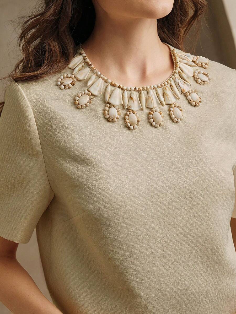 Anewsta 2 pezzi/set Top a maniche corte con collo rotondo ed elegante minigonna in stile urbano, con ricami di perline fatti a mano, completo primavera/estate per donne