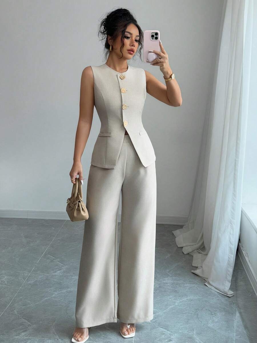 Elenzga Set de 2 piezas de talla grande, camiseta sin mangas con botones delanteros y pantalones minimalistas de verano para uso diario