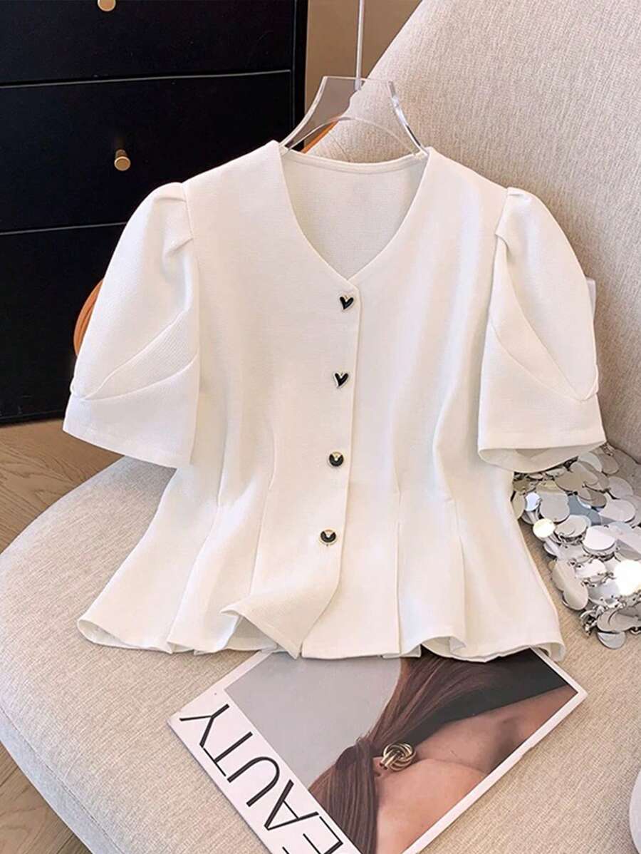 Calvaya Elegante camicetta da donna con maniche a palloncino, tinta unita, estiva