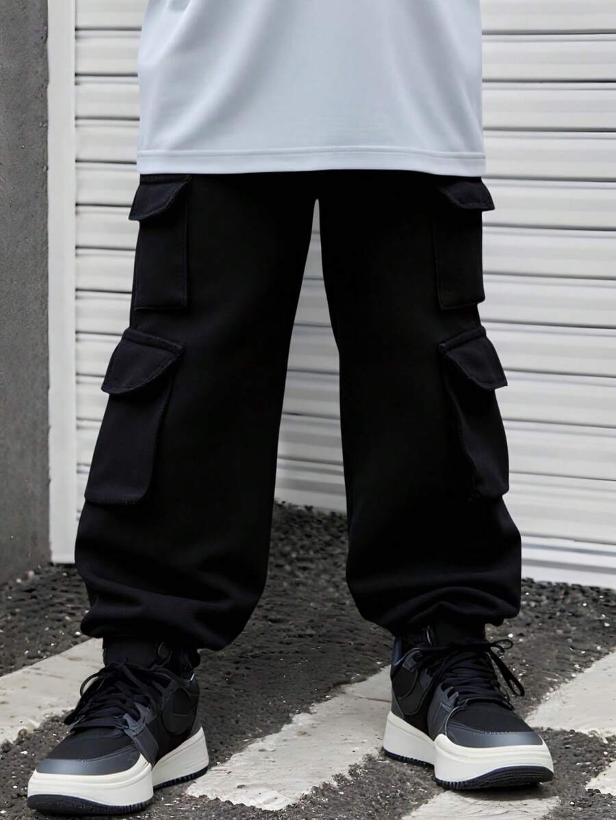 Young Boys Cargo Jeans, Wide Leg Straight Fit, Vintage Wash Denim Blue, Fashionable Streetwear Style, Versatile For Toddler Boys