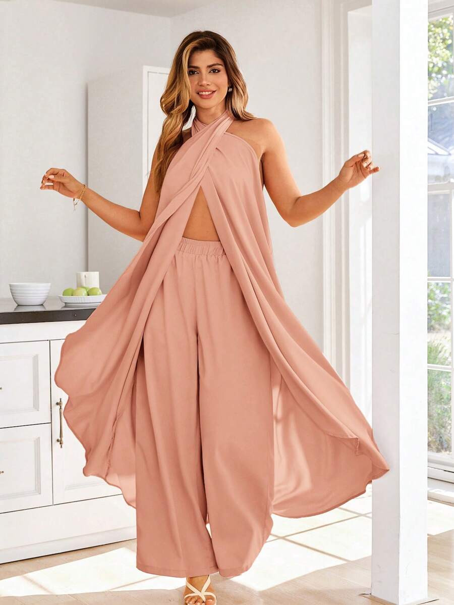 KURAYIA Plus Size Open Shoulder Top And Wide Leg Pants 2 Pieces Set, Spring Break