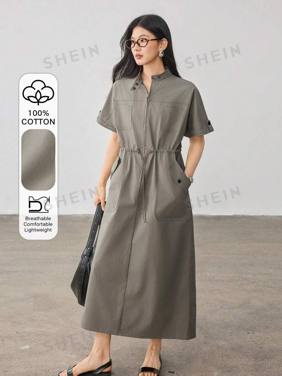 Dazy-Less Vestido sencillo y holgado de largo medio con bolsillo grande, cintura con cordón y estilo casual y elegante para mujeres como vestido de verano