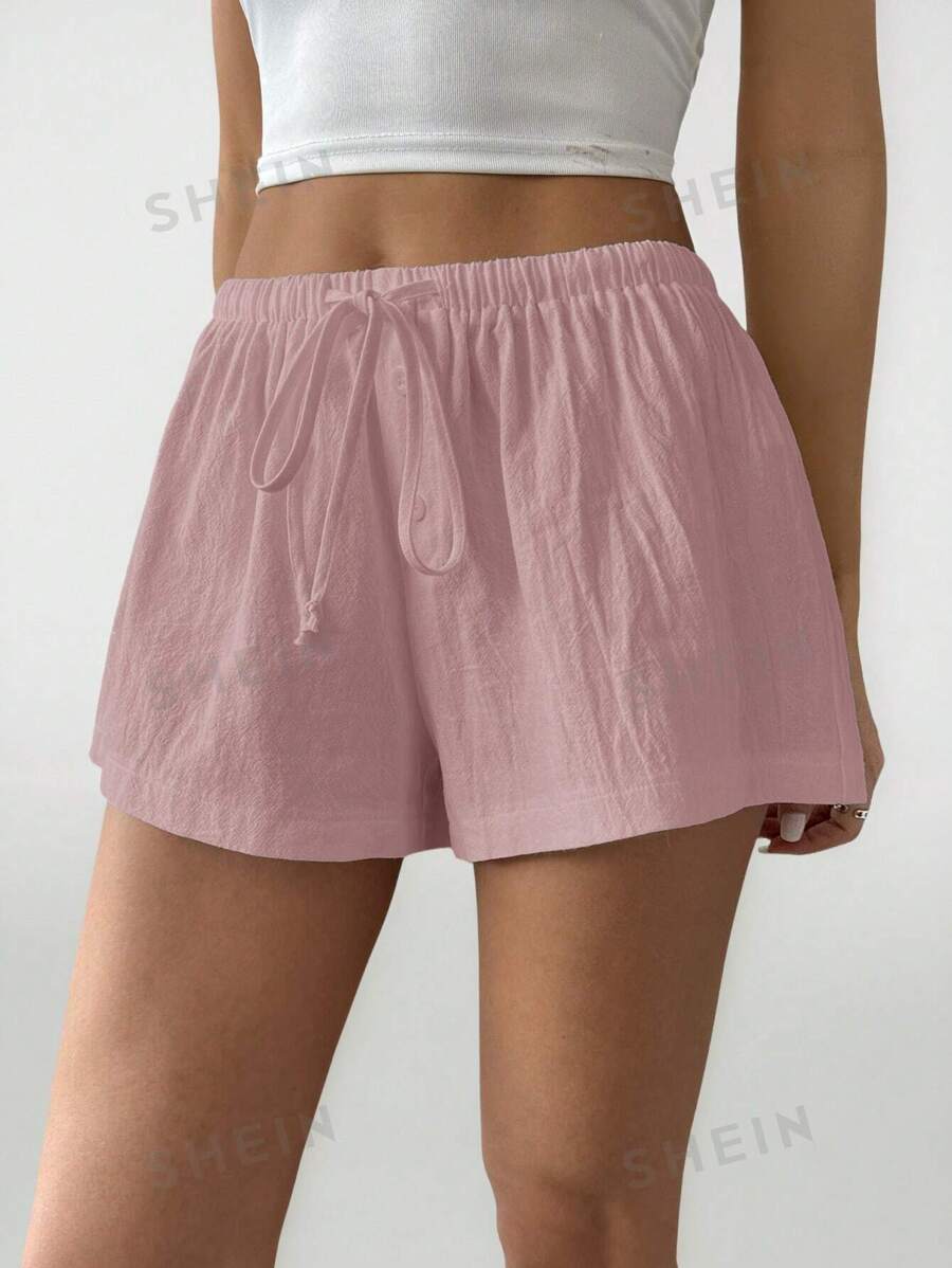 SHEIN PETITE Pantalones cortos casuales sueltos de mujer con cordón en la cintura y unicolor
