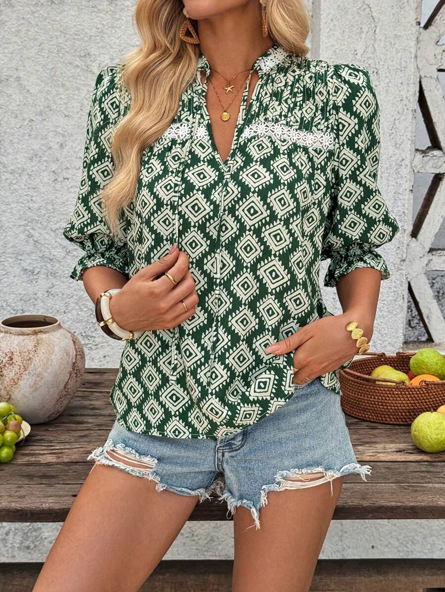 SHEIN LUNE Camicia casual smanicata abbottonata, con stampa geometrica, ampia, da donna
