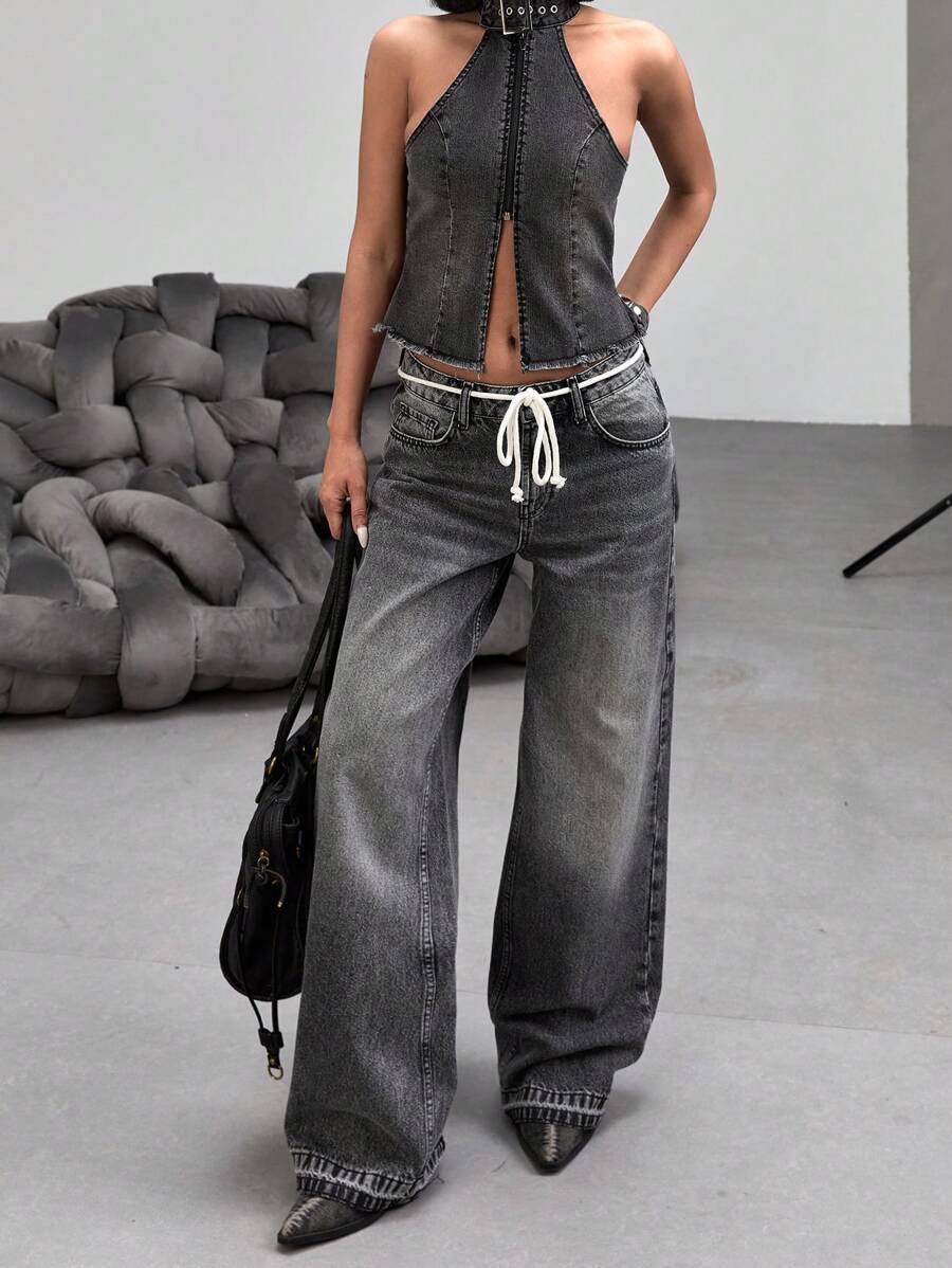 Jeans casual, diritti, con vita bassa, versatili, con tasche, in stile retrò, da donna