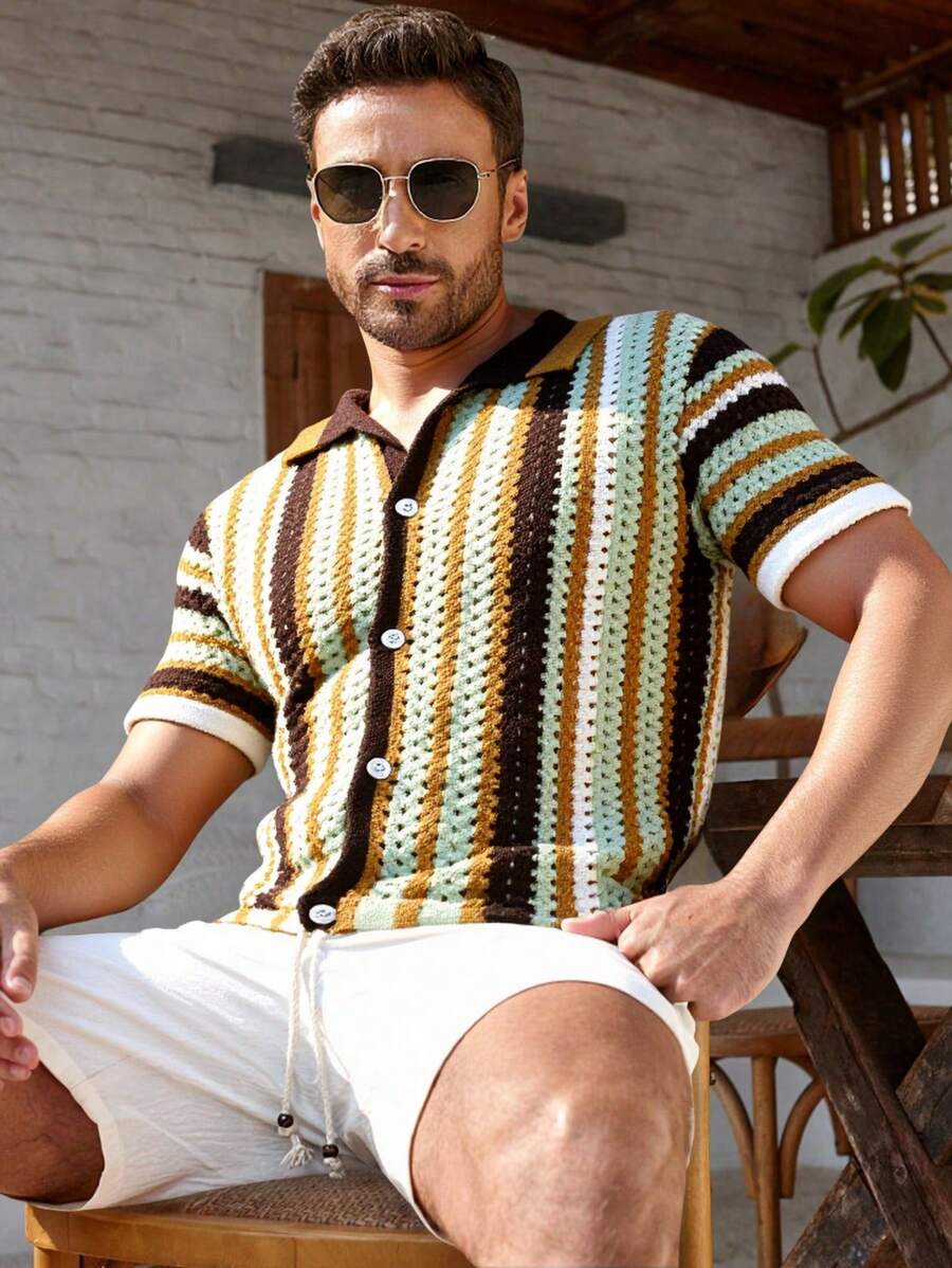Manfinity CityGents Camisa de punto de manga corta con botones frontales y calado para hombre, ideal para el verano