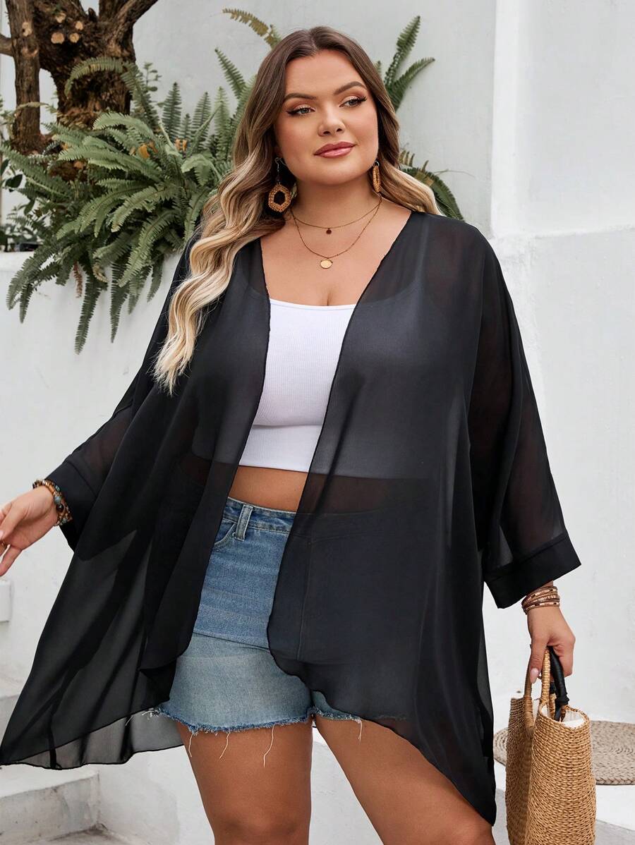 SHEIN CURVE+ Abrigo holgado de unicolor con mangas de murciélago y abertura delantera para mujer talla grande CURVE, para el verano, Curve Plus, Hoho Vacation