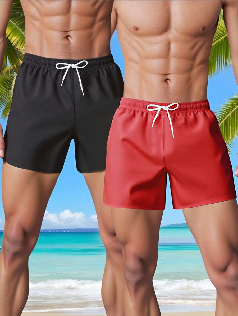 Youth (Boy) Swimsuit Teen Boys Swimwear Casual Sports Black And Red Two Pieces Set Clean Beach Pants With Rope Suitable For Vacation Suitable For Summer