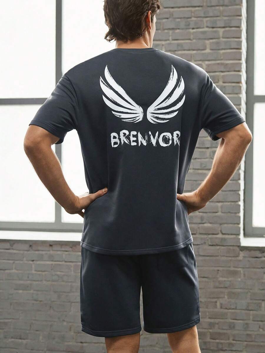 Manfinity BRENVOR Conjunto de dos piezas de hombre de moda casual de punto, camiseta de manga corta y pantalones rectos de cintura elástica, ajuste muscular, para verano