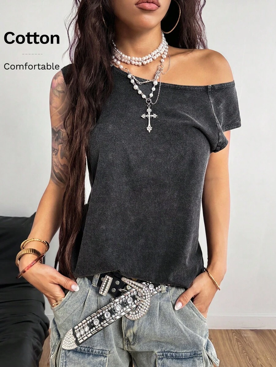 Coolane Camiseta de mujer para primavera/verano con estilo vintage grunge, manga ultra corta, lavado sucio y cómoda
