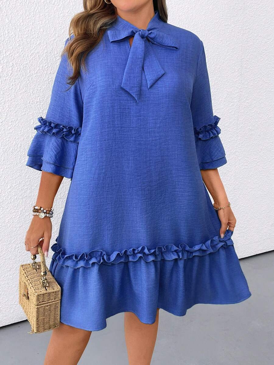 SHEIN Clasi Abito casual da donna oversize con maniche a 3/4, decorato con fiocco e rifiniture arricciate 3D