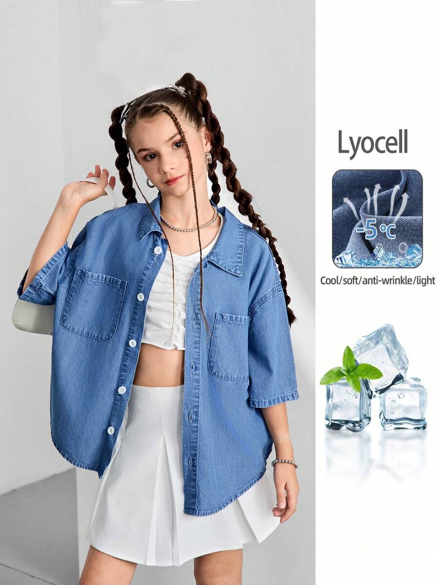 Camisa vaquera de manga corta de tencel/lyocell para niñas, color azul claro, ropa exterior casual de ajuste cómodo y ceñido